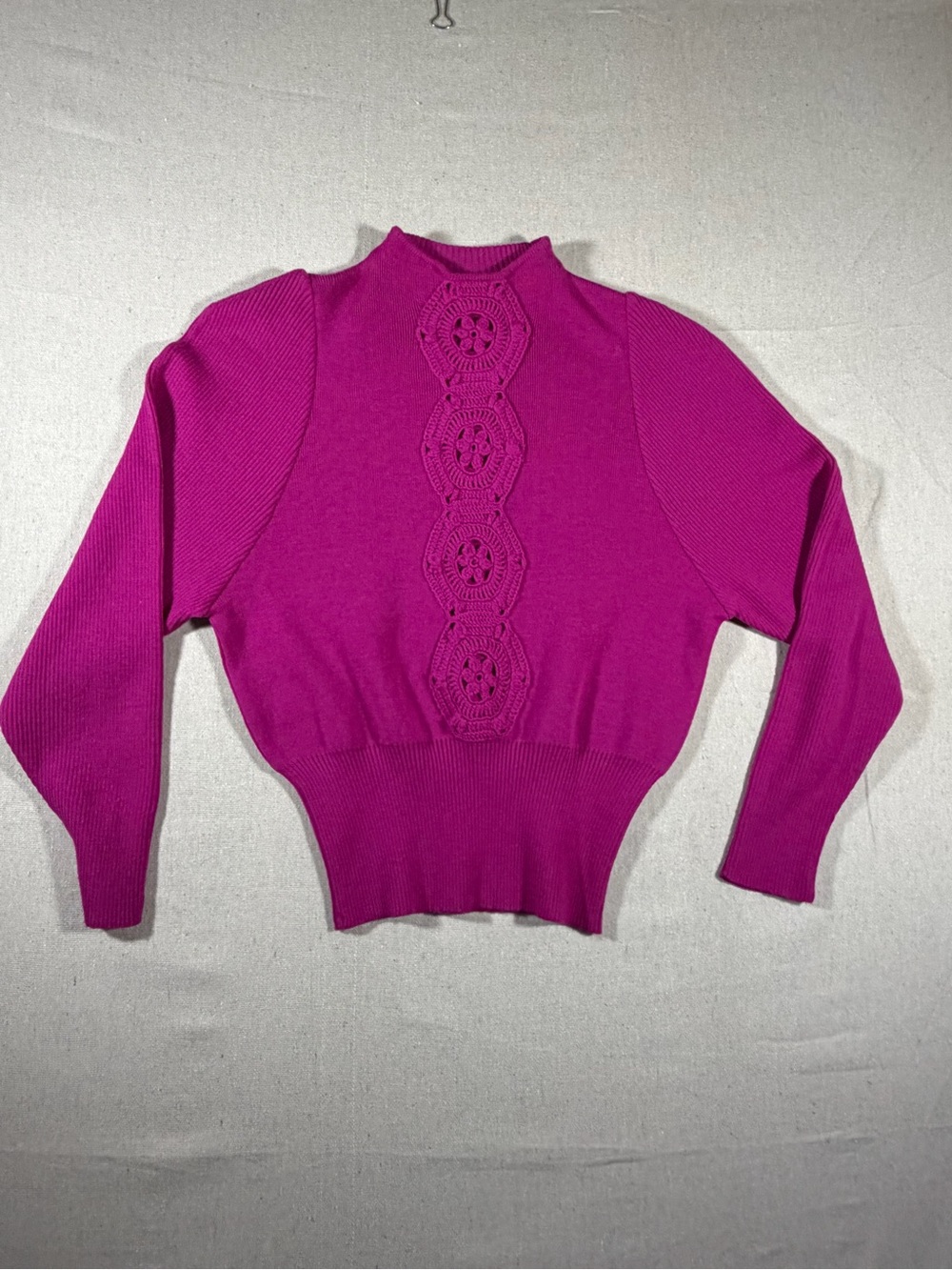 Vintage Dikton Women’s Fuchsia Knit Sweater with Center Crochet Detail